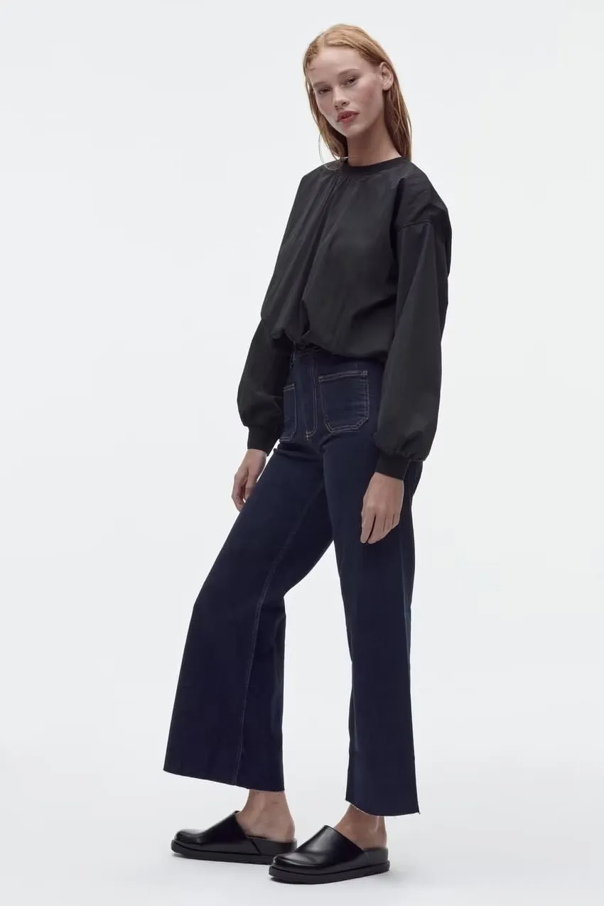 Spring Zipper Button Closure Unstitched Hem High Waist Wide Leg Jeans