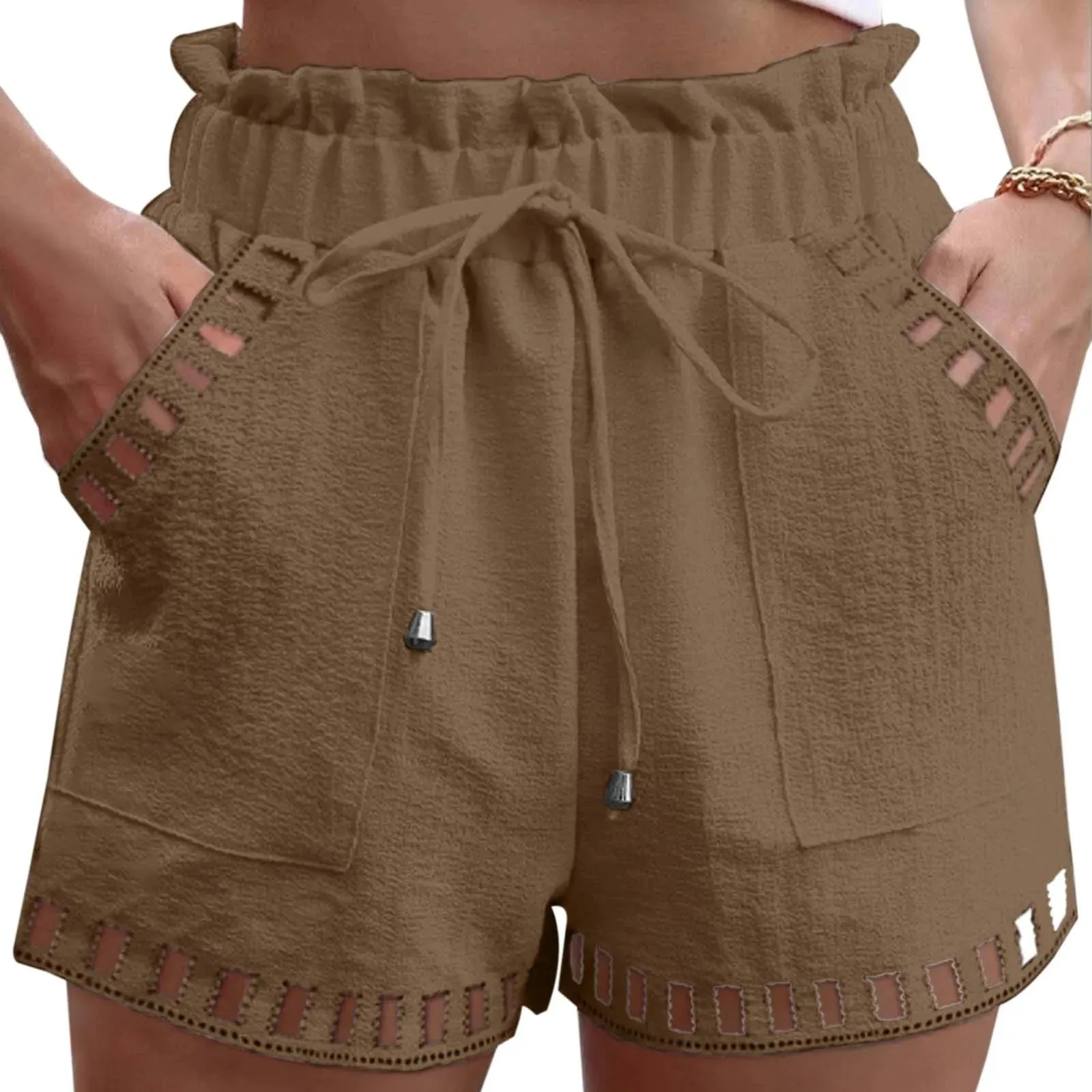 Structured Textured Paperbag Shorts with Cut-Outs for Women