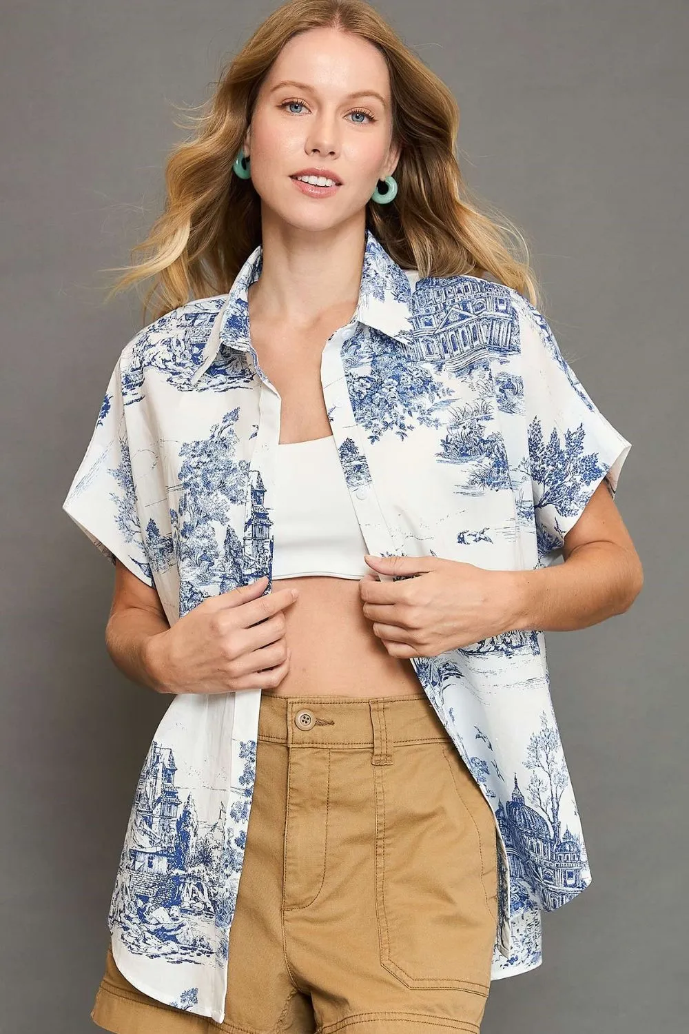 Umgee Two-Tone Button-Up Shirt – Short Sleeve Cotton Top | Modern Color Block Style (S-2XL)