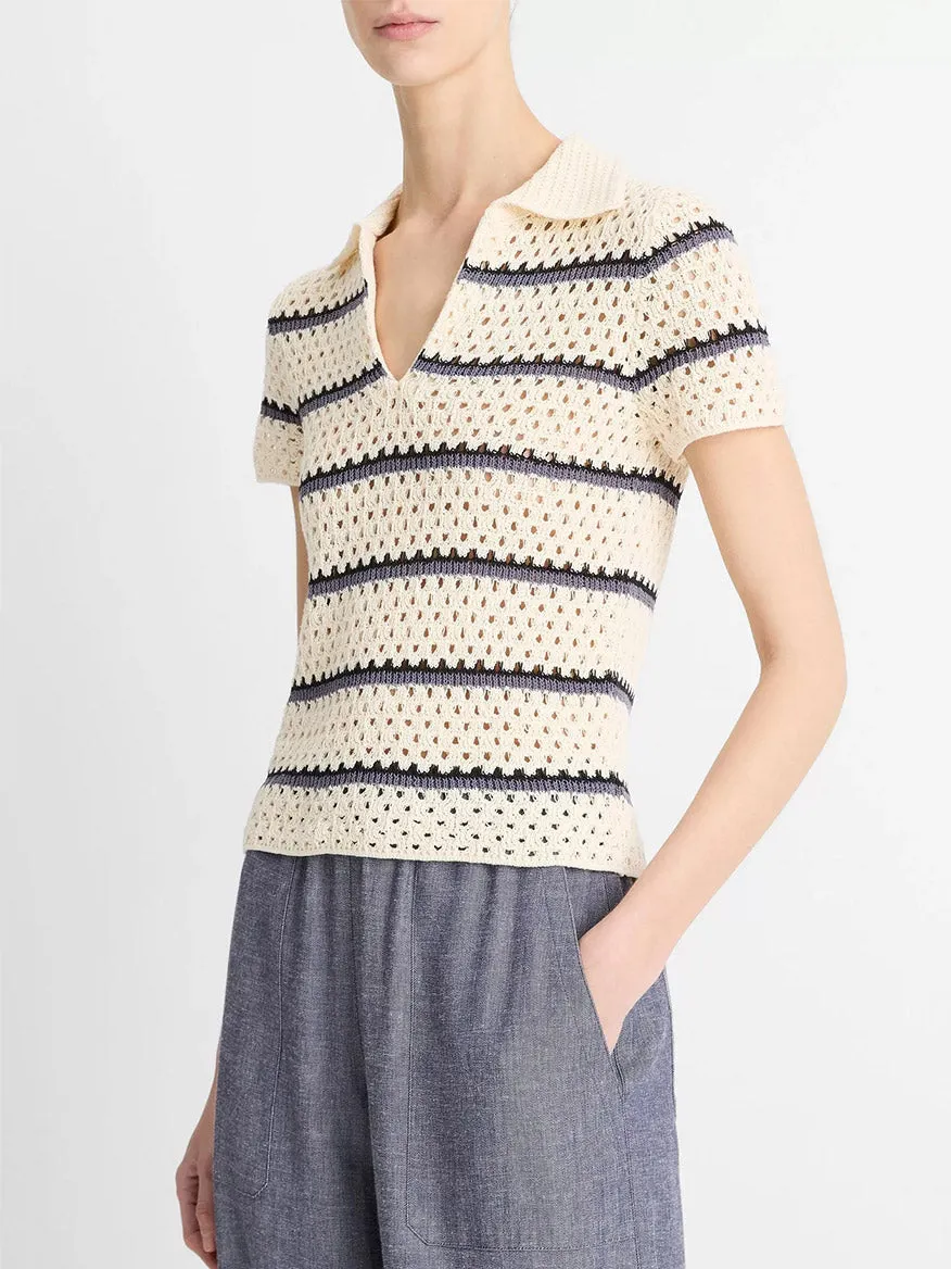 Vince Striped Macramé Cotton Polo Sweater in Off-White Combo