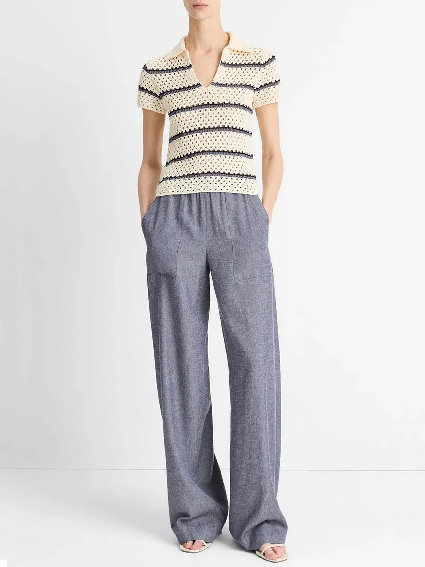 Vince Striped Macramé Cotton Polo Sweater in Off-White Combo