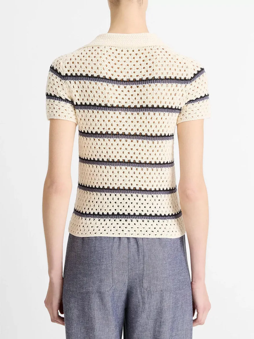 Vince Striped Macramé Cotton Polo Sweater in Off-White Combo