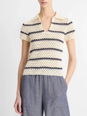 Vince Striped Macramé Cotton Polo Sweater in Off-White Combo
