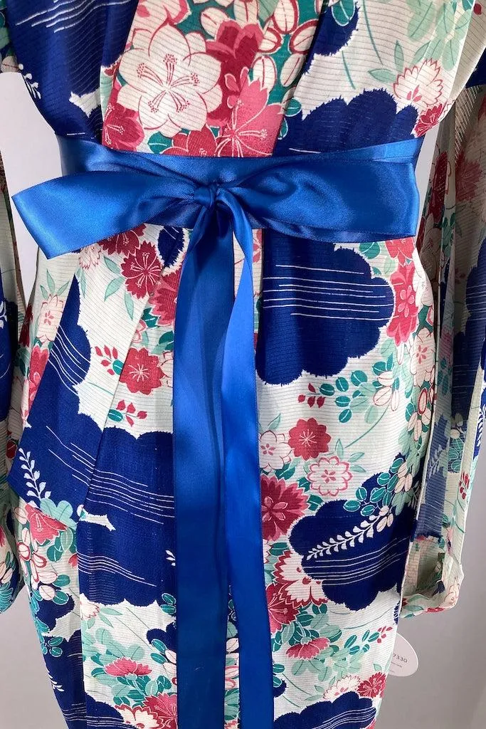 Vintage Blue & Pink Summer Silk Kimono Robe