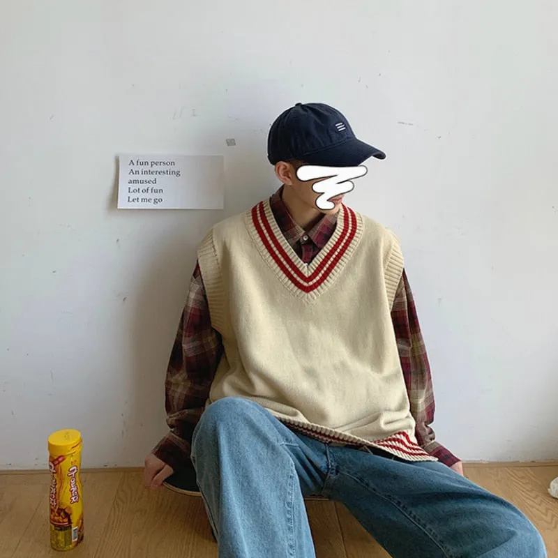 Voguable Men Sweater Vests Striped Sleeveless V-neck Knitted Shrug Ins Preppy Style Ulzzang Chic Leisure Loose Male Clothing Harajuku New