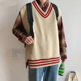 Voguable Men Sweater Vests Striped Sleeveless V-neck Knitted Shrug Ins Preppy Style Ulzzang Chic Leisure Loose Male Clothing Harajuku New
