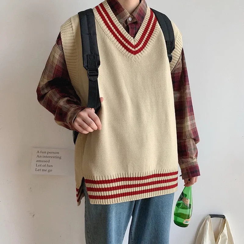 Voguable Men Sweater Vests Striped Sleeveless V-neck Knitted Shrug Ins Preppy Style Ulzzang Chic Leisure Loose Male Clothing Harajuku New