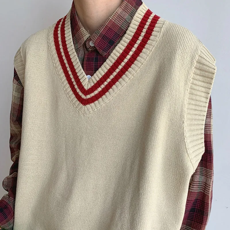 Voguable Men Sweater Vests Striped Sleeveless V-neck Knitted Shrug Ins Preppy Style Ulzzang Chic Leisure Loose Male Clothing Harajuku New