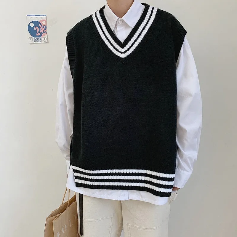 Voguable Men Sweater Vests Striped Sleeveless V-neck Knitted Shrug Ins Preppy Style Ulzzang Chic Leisure Loose Male Clothing Harajuku New