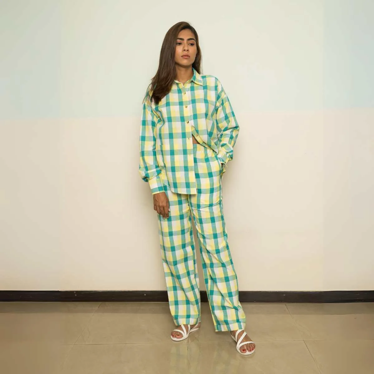 Wanderlust Women Co-ord Set | Yellow | Full Shirt W/ Pants | Breathable Cotton