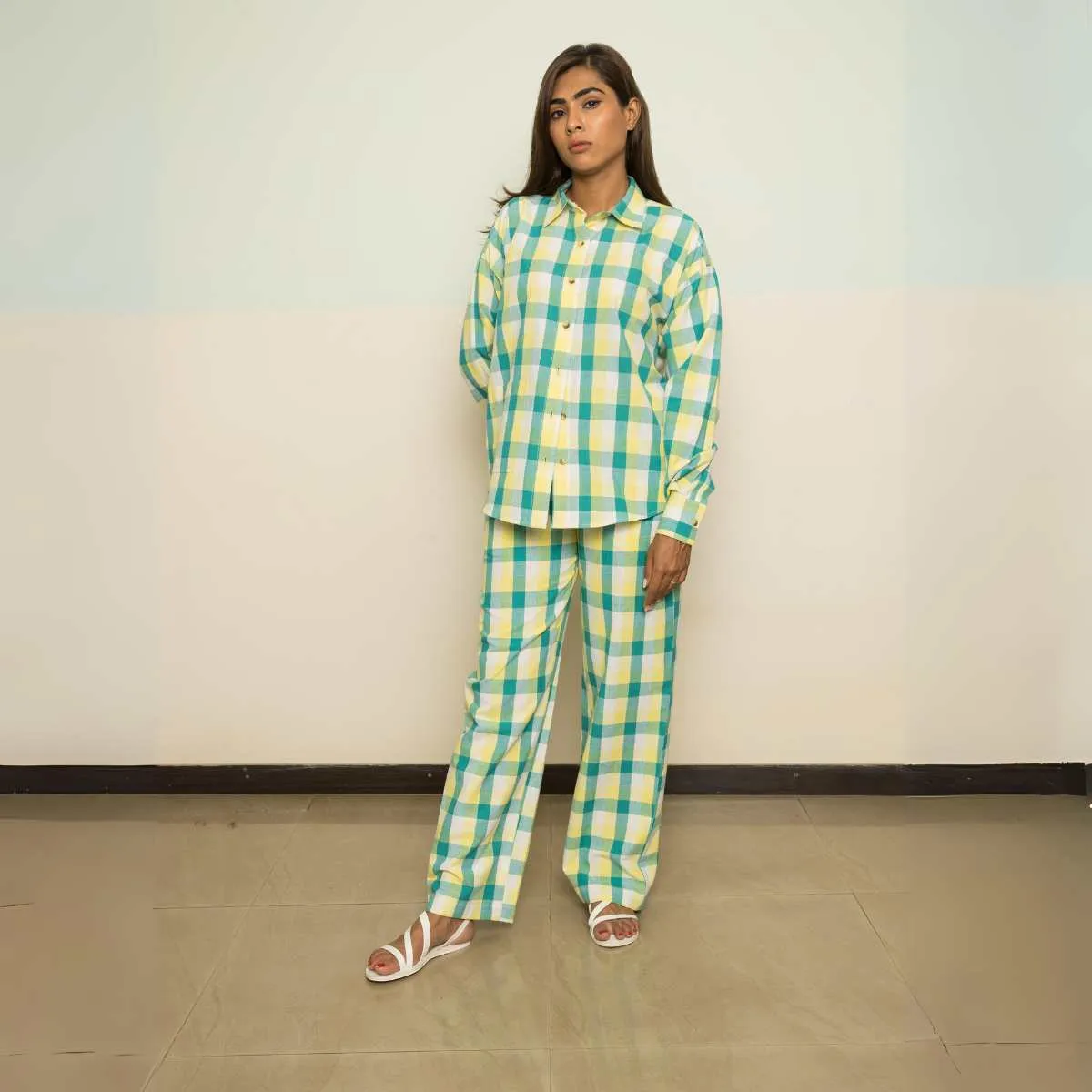 Wanderlust Women Co-ord Set | Yellow | Full Shirt W/ Pants | Breathable Cotton