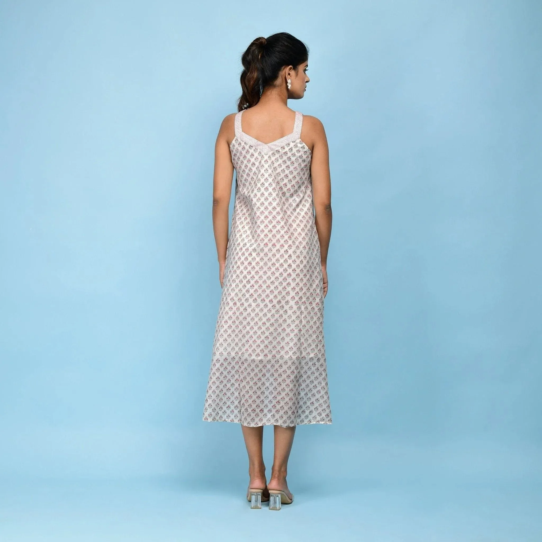 White Block Printed High-Low Cotton Midi Dress