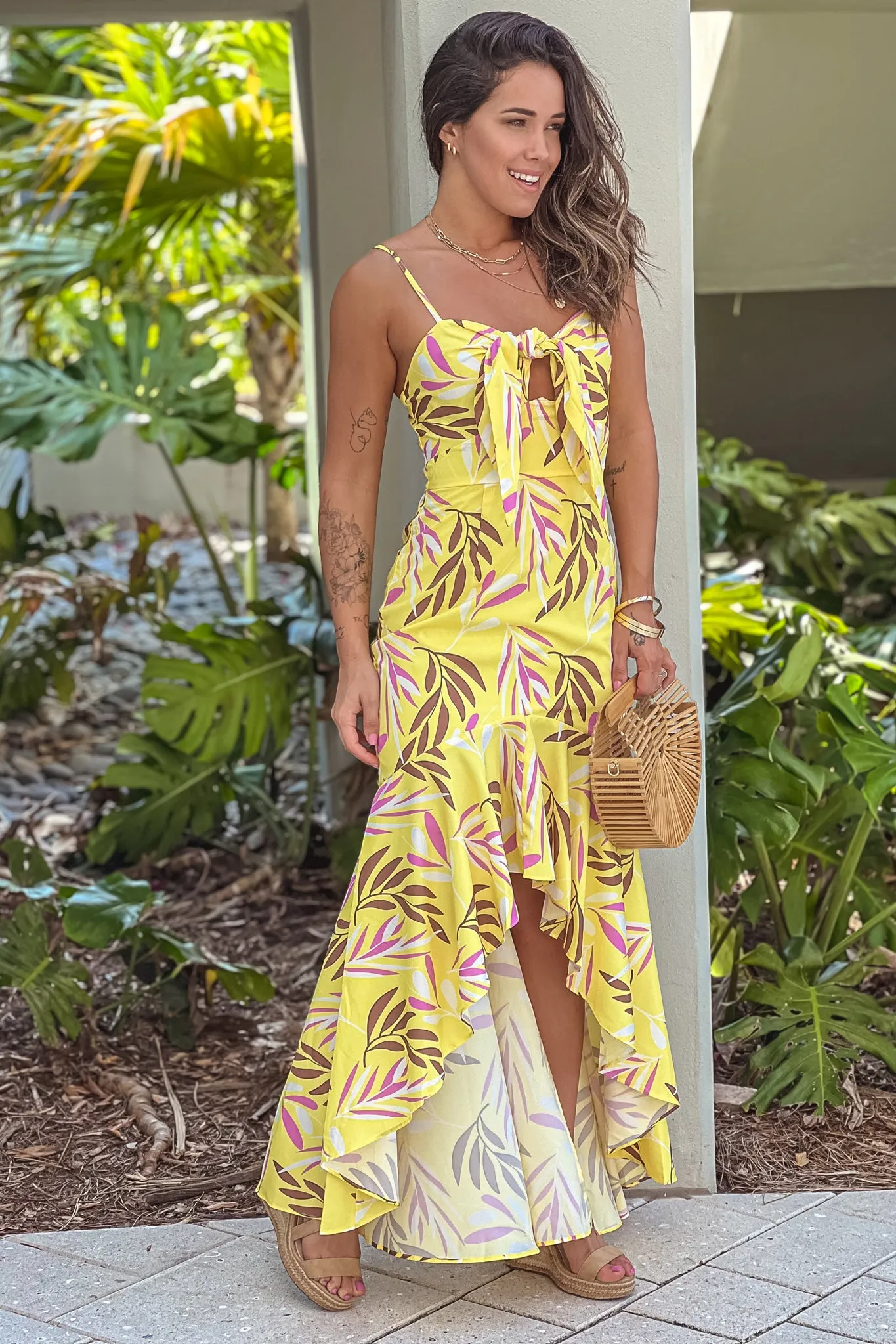 Yellow Printed Knot High Low Dress